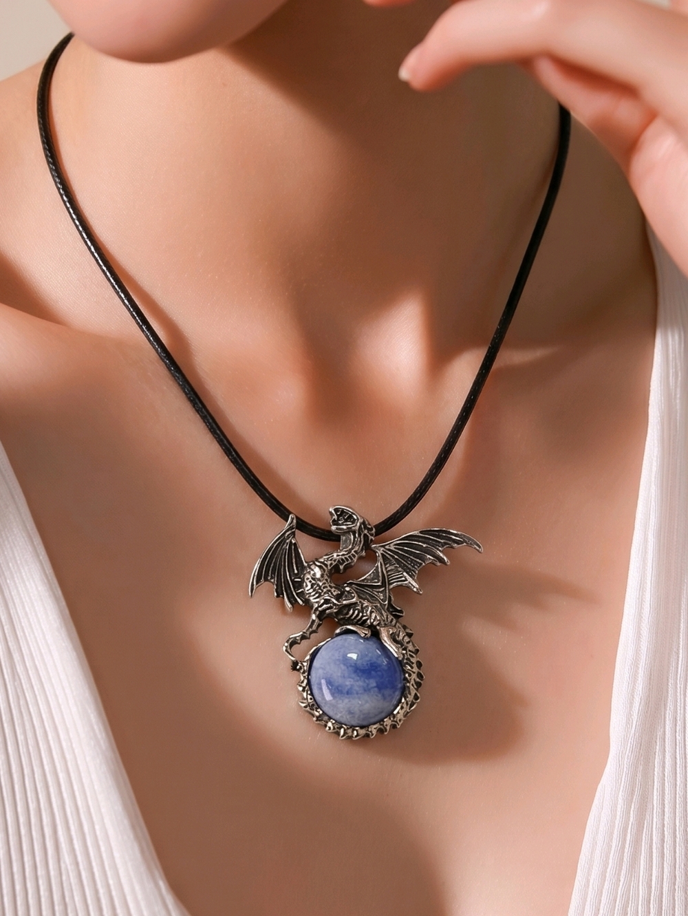 Sodalite Dragon Orb Pendant Necklace Blue Stone Gothic Fantasy Statement Jewelry